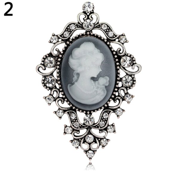 The Unbranded Brand Jewelry - CAMEO, gray with pave stones and scrollwork frame